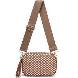 Small Woven Checkered Crossbody Bag for Womenl Cute Vegan Leather Purses Trendy Shoulder Handbags Wide Strap