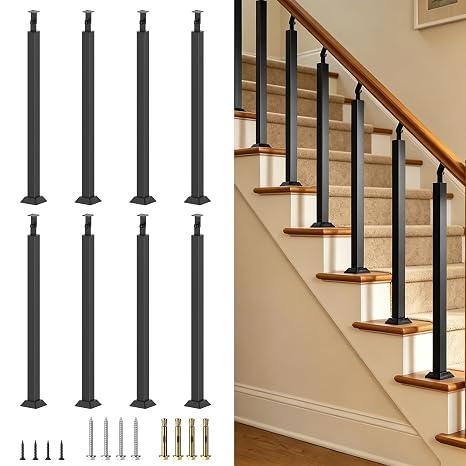 Black Metal Stair Railing Post, Side/Front Mount Baluster Spindles with 270° Adjustable Bracket, Perfect for Indoor Stairs, Deck, Porch and Balcony Railing, Front, 33.46inch, 8 Pack