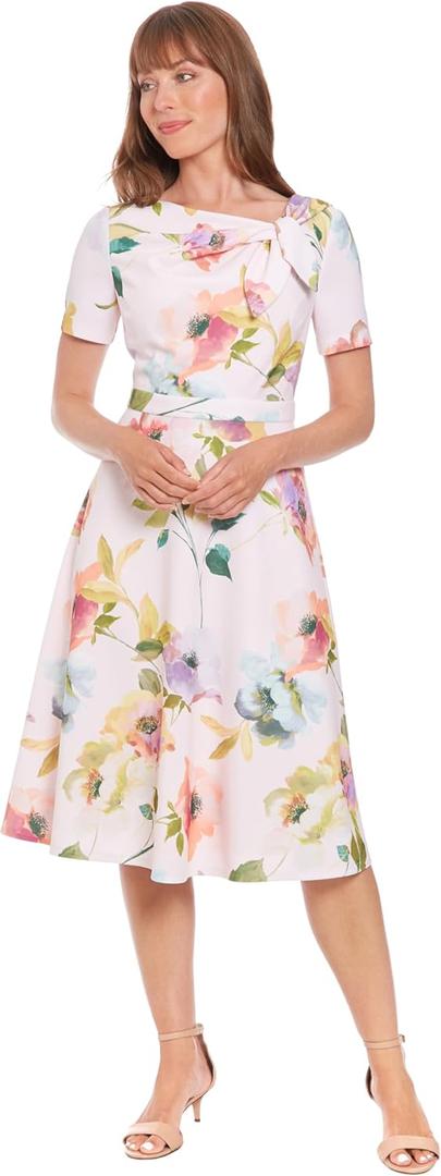 London Times Women's Women's A-line Midi Dress - Short Sleeve Fitted Waist with Bow Detail - Versatile Floral Dresses, 4, Cream/Blue