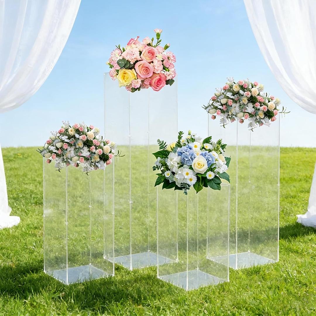 4pcs Acrylic Pedestal Stand for Flower Cake, Clear Display Column Flower Tower Display Box for Wedding Party Event Birthday, 11.2x39.4''(XL), 10.6x31.5''(L), 10.6x23.6''(M), 9.8x15.8''(S) (4, Clear, 4 Sizes)