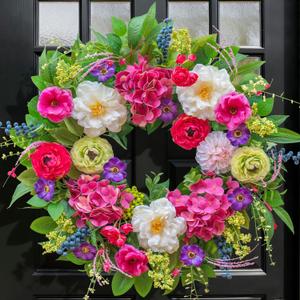 Pinkpuii Spring Wreaths for Front Door 24 Inch Lush Spring Door Wreath with Pink Peonies, Roses, White Blooms & Greenery, Garden Style Summer Flower Wreath for Front Porch, Entryway & Wall Window