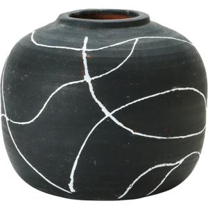 Creative Co-Op Round Decorative Terra-Cotta Vase with Hand-Painted Intersecting Lines, Black and White