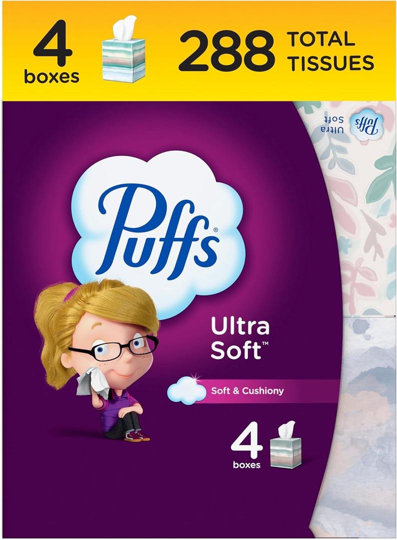 Puffs Ultra Soft Facial Tissues, 4 Mega Cube Box, 72 Facial Tissues Per Box