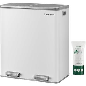 SONGMICS Trash Can, 2 x 8 Gallon (2 x 30 L) Garbage Can for Kitchen, with 15 Trash Bags, 2 Compartments, Plastic Inner Buckets and Hinged Lids, Airtight, White and Gray ULTB60WT