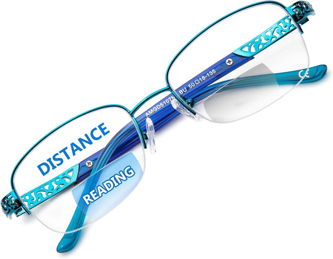 DEHOTRE Progressive Multifocal Reading Glasses Women No Line Bifocal Readers with Nose Pad Metal Half Frame Mid-Near Range, 1.5X