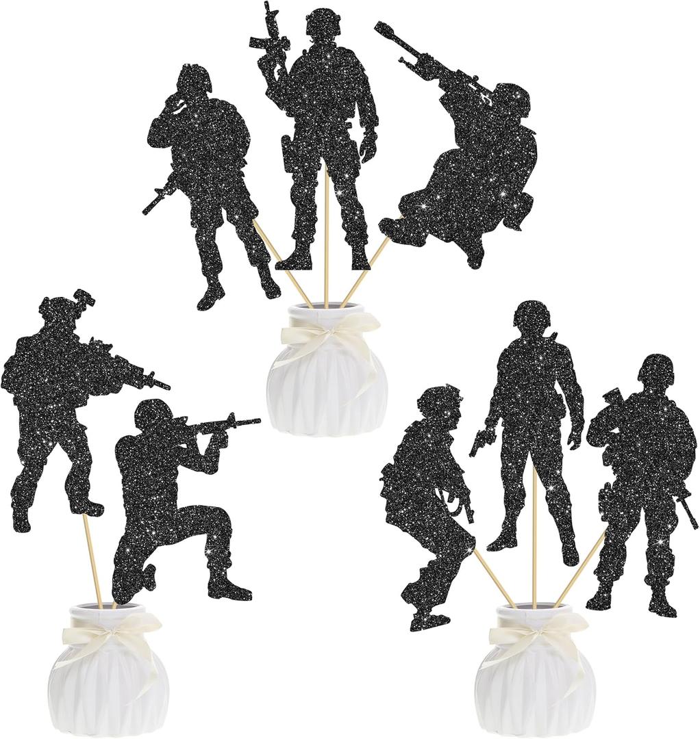 16pcs Army Soldier Centerpiece Sticks Black Glitter Military Party Centerpieces for Table Soldier Theme Centerpiece Decorations for Army Military Themed Birthday Party Baby Shower Supplies