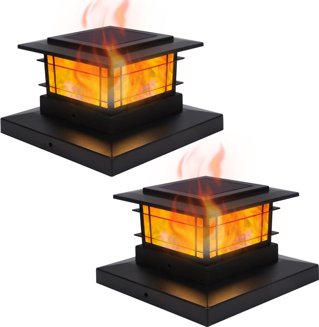 Dynaming 2 Pack Solar Post Cap Lights Outdoor with Flickering Flame Light, Fence Post Solar Lights Fit for 4x4 5x5 6x6 Vinyl/Wooden Posts, High Brightness SMD LED Lighting Decor for Garden Deck Patio (Black)