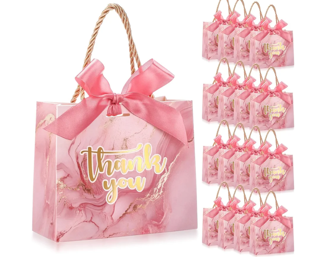 AmazingSpark 40 Pack Small Thank You Gift Bags with Handles 5.5 x 2.4 x 4.7 Inches Mini Gift Bags Bulk with Bow Ribbon Paper Marble for Party Favor Wedding Bridal Shower(Pink)