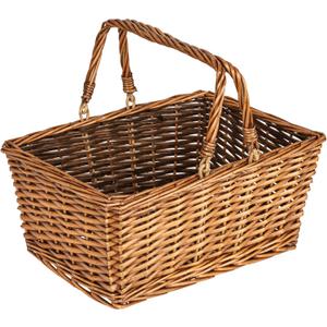 Household Essentials Woven Market Basket, Handwoven Willow Weave, Stylish Handles with Durable Metal Anchors, Classic and Versatile, Attractive, Spacious, Lightweight, Brown Stain