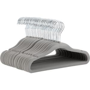 Amazon Basics Kids Velvet, Non-Slip Clothes Hangers for Infant and Toddler, 11.6 inches (for baby clothes), Pack of 50, Gray