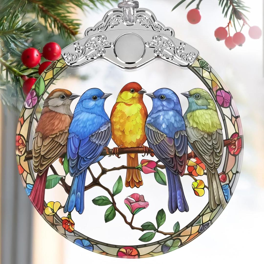 Five Little Birds 2025 Christmas Tree Ornaments - Stained Glass, Holiday & Christmas Tree Decor, Gift Idea & Exchange