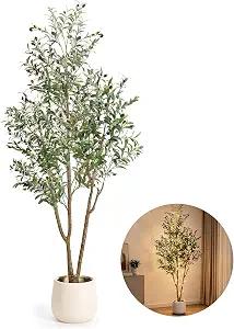 7FT Artificial Olive Tree with Lights & Planter, Tall Faux Olive Plant