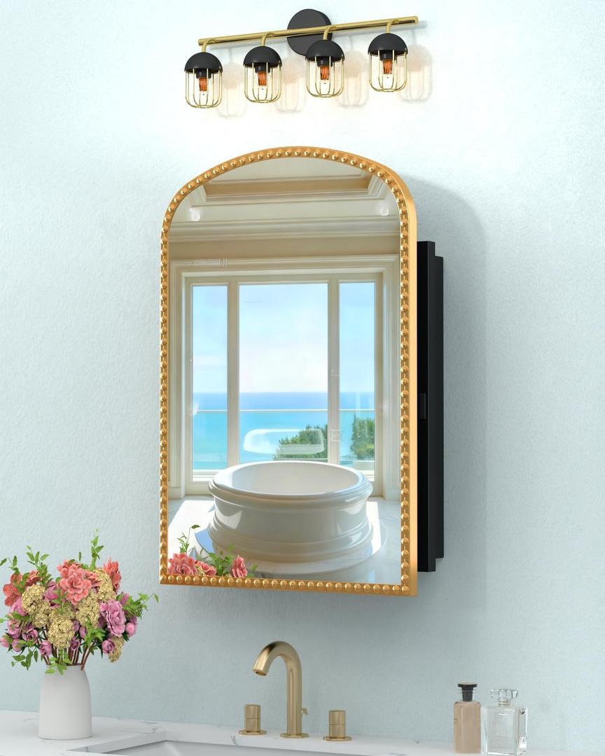 Bathroom Medicine Cabinet with Mirror, Wall Mount or Recessed Bathroom Mirror with Storage, Full-Metal 2 Adjustable Shelves and 1 Cabinet Organizer, Modern and Luxury Daisy Decor Bling Gold 20x28 Inch, No Light