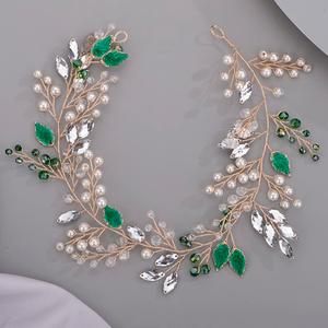 Green leaf Crystal Pearls Rhinestone Bridal Headband for Bride Bridesmaid Pearl Rhinestone Hair Vine for Wedding Women and Girls Gold hair accessories