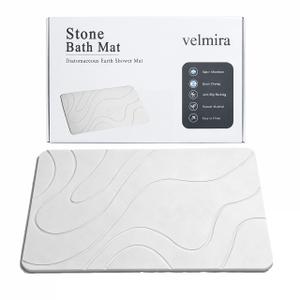 velmira Stone Bath Mat, Quick Dry Shower Mat, Diatomaceous Earth Shower Mat, Non-Slip Hard Surface, Ultra Absorbent Bathroom Floor Mat for Tub, Entry, or Sink 23.5" x 15.4", Gray White(Wave)