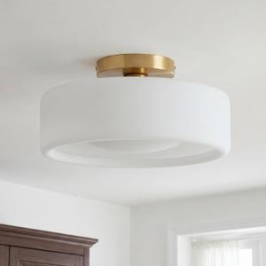 Modern Porcelain Flush Mount Ceiling Light - White Ceramic Shade, Vintage Farmhouse Lighting for Bedroom, Hallway, Closet & Entryway (White, 14“W x 14" L x 6.8" H)