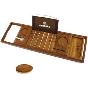 Utoplike Teak Bathtub Caddy Tray Bath Tray for Tub, Unique Bathtub Organizer with Book Tablet Wine Glass Cup Towel Holder, Adjustable, for Your Loved