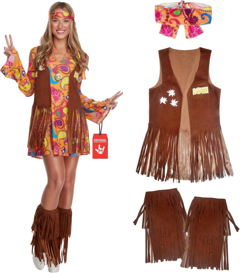 Morph 70s Costumes For Women, Hippie Costume Women, 60s Hippie Dress Halloween Costume, Womens Halloween Costumes (Large)