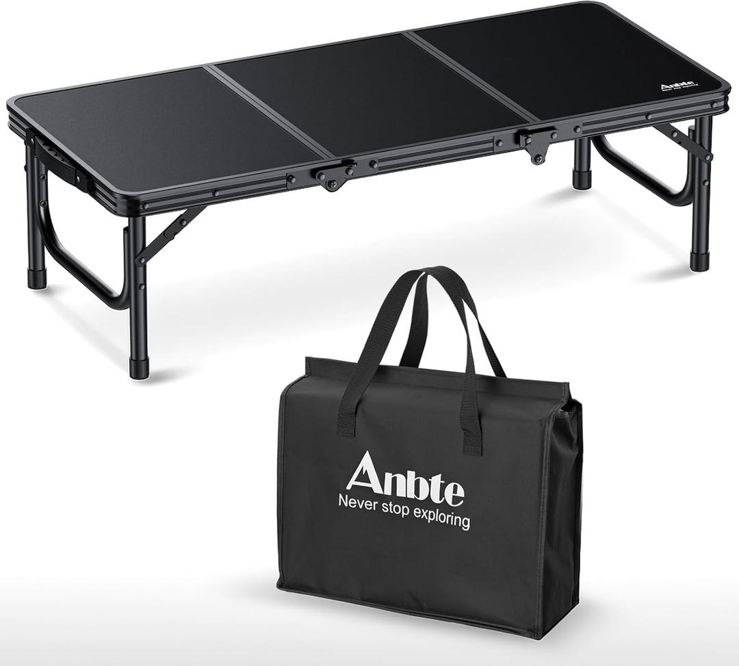 Anbte 3ft Low Folding Picnic Table, 10.3" Height Thicker Aluminum Small Camping Table with Storage Bag, Portable Handle, Lightweight, for Camping Beach Party Picnic Floor, 34.2" x 15.7", Black