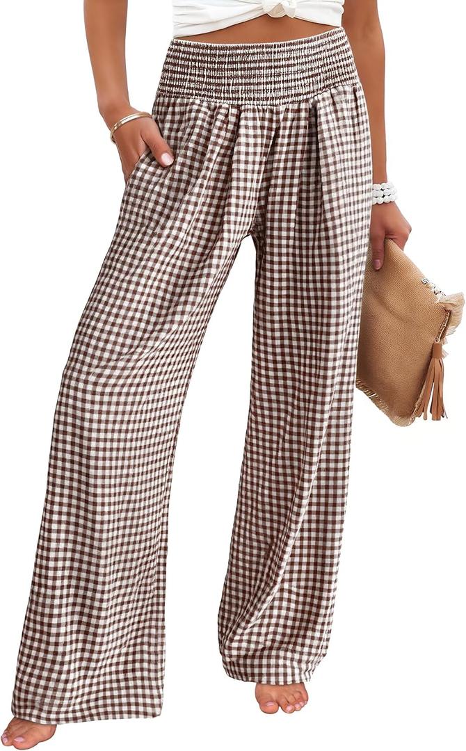 ANRABESS Womens Striped Gingham Palazzo Pants | Wide Leg Smocked High Waisted Pajama Pants, Lounge & Casual, Summer Fall Cute Pants with Pockets (Black, S)