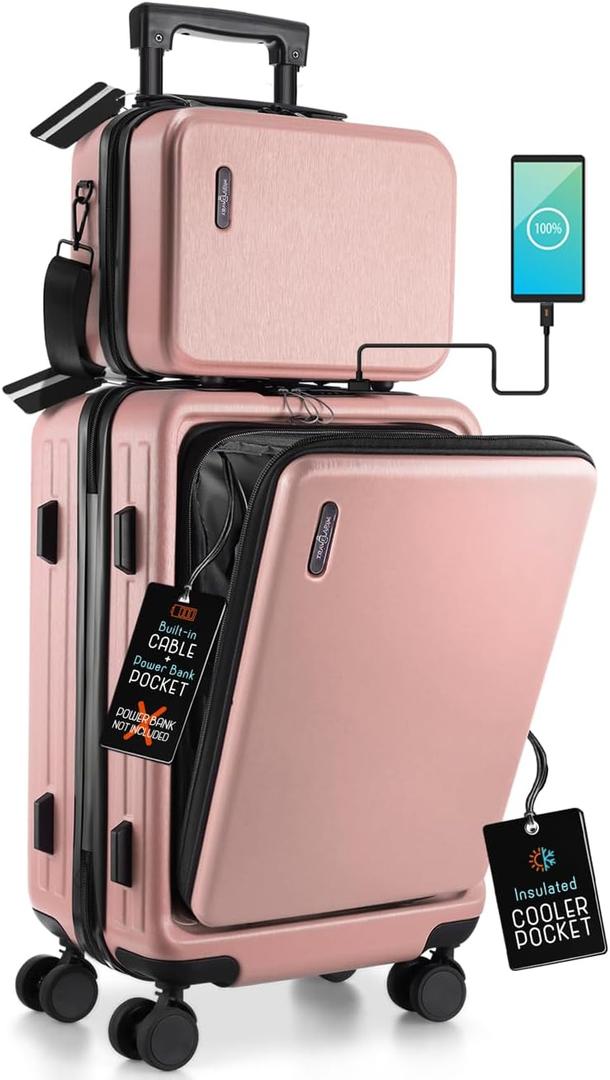 TRAVELARIM 20 Inch Carry On Luggage 22x14x9 Airline Approved, Carry On Suitcase with Wheels, Hard-shell Carry-on Luggage, Durable Luggage Carry-On, Pink Small Suitcase with Cosmetic Case