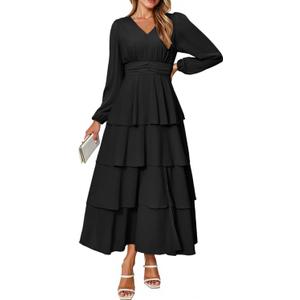 BerryGo Womens Flowy Maxi Dress Chiffon Long Sleeve Slit V Neck Casual Ruffle Tiered Boho Fall Wedding Guest Long Dress (Black, M)