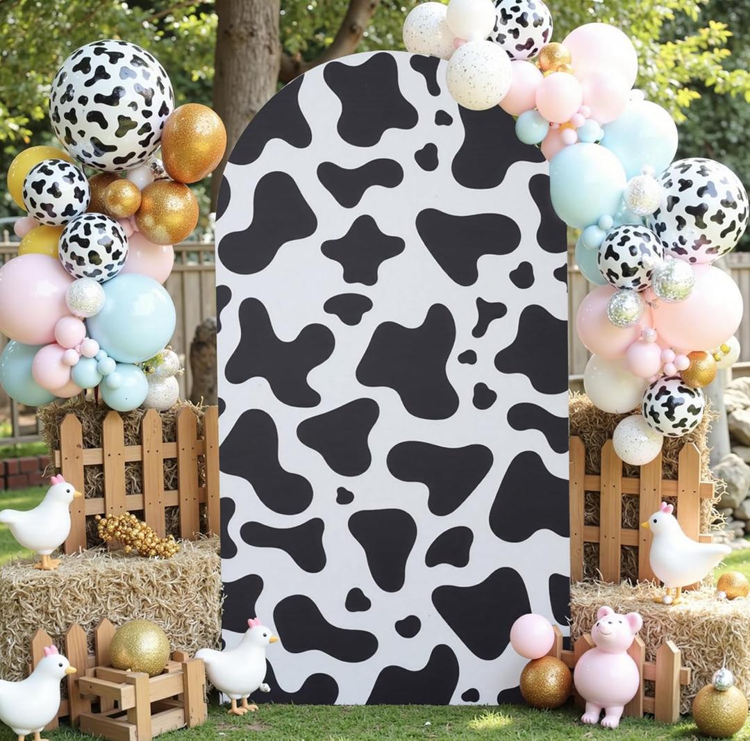 gogoparti 7.2FT Cow Print Arch Cover  Wrinkle Free Spandex Backdrop Round Top Chiara Arch Cover for Cow Theme Party, Birthday, Baby Shower, Banquet Decoration