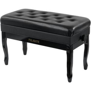 Genuine Leather Piano Bench with Storage, Adjustable Height Keyboard Bench with High-Density Sponge Cushion,Curved Legs for Piano/Keyboard, Supports Duet Playing,Black
