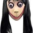 HELAOGUI Momo Mask Full Head Latex for Adults, Terrifying Horror Costume with Long Black Hair for Halloween Haunted House