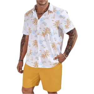 Men's Plus Size Hawaiian Matching Set Tropical Print Short Sleeve Button Down Shirt and Shorts Set Vacation Outfits (5X-Large, Yellow)