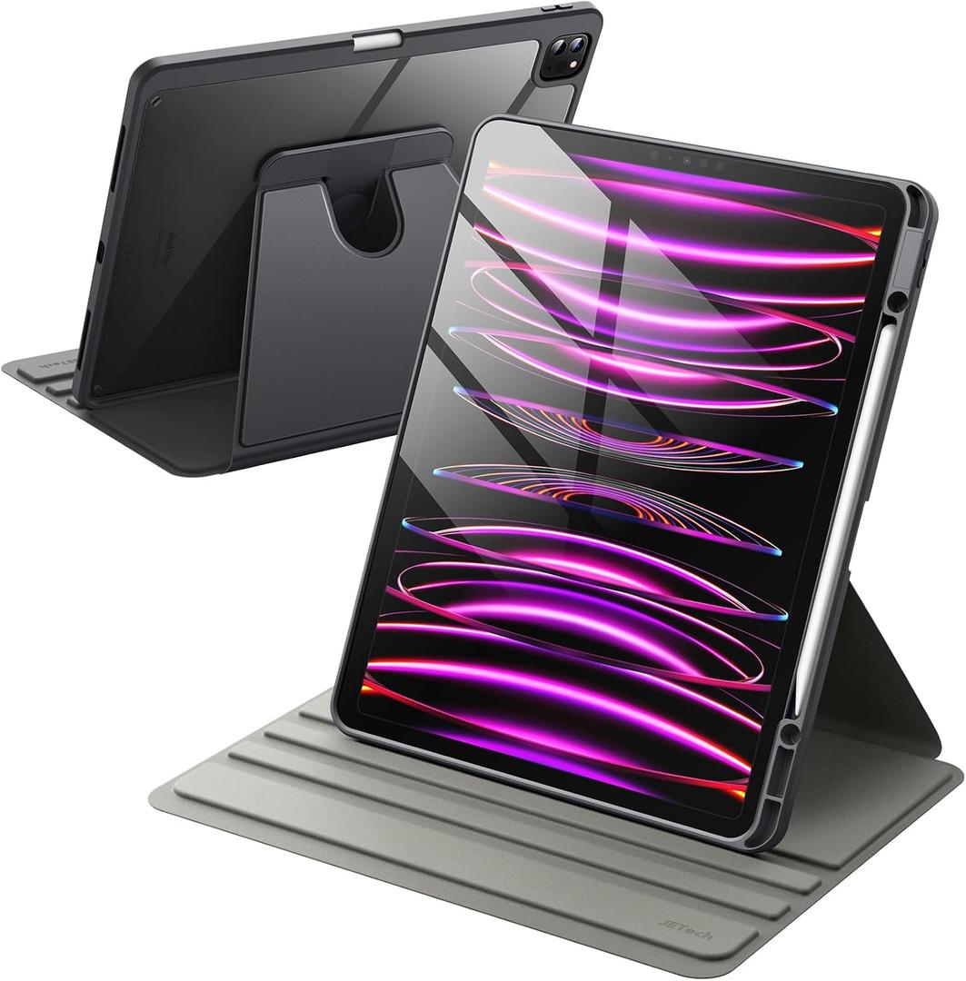 JETech Rotating Case for iPad Pro 12.9-Inch (2022/2021/2020/2018) with Pencil Holder, 360 Degree Rotation Protective Stand Cover Clear Back, Auto Wake/Sleep (Space Gray)