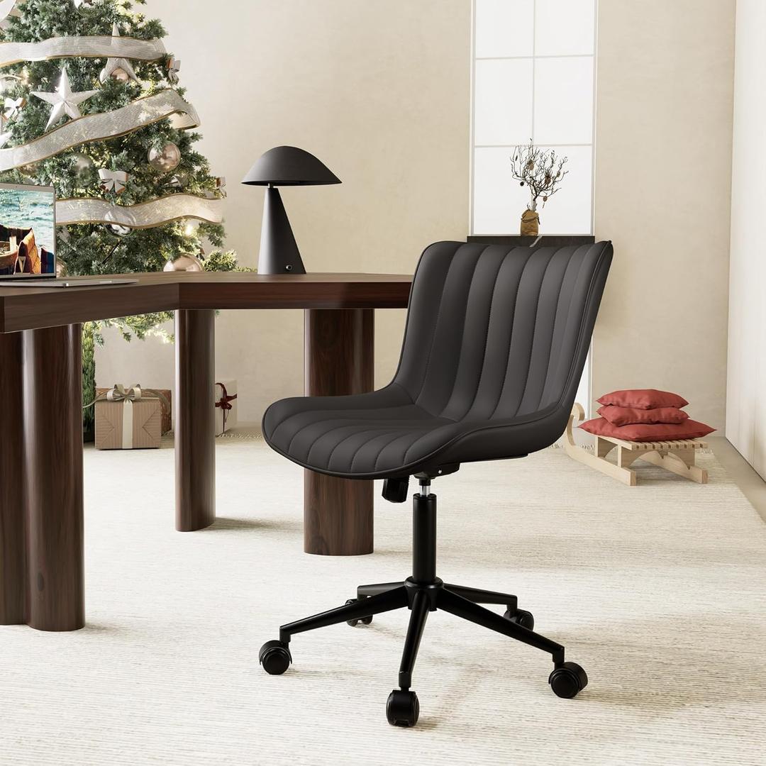 YOUNIKE Black Home Office Desk Chair with Wheels Comfy Armless Cute Vanity Chair with Adjustable Rocking Back Modern Leather Upholstered Rolling Swivel Small Task Drafting Sewing Chair Compact