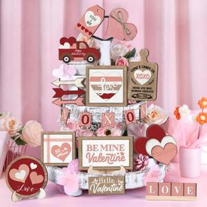 Yookeer 20 Pcs Vintage Valentine's Day Tiered Tray Decor Set, Rustic Farmhouse Wooden Mini Signs Love Heart Truck Cupid Candy Banner Tabletop Centerpiece Decorations for Home Kitchen Office Bar