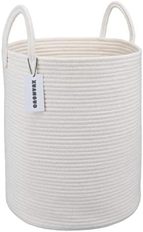 XUANGUO Cotton Rope Laundry Basket Hamper for Clothes Decorative Woven Storage Basket for Living Room Bedroom Boho Tall Rope Baskets for Blanket Toys Baby Nursery Hamper Bin Large white