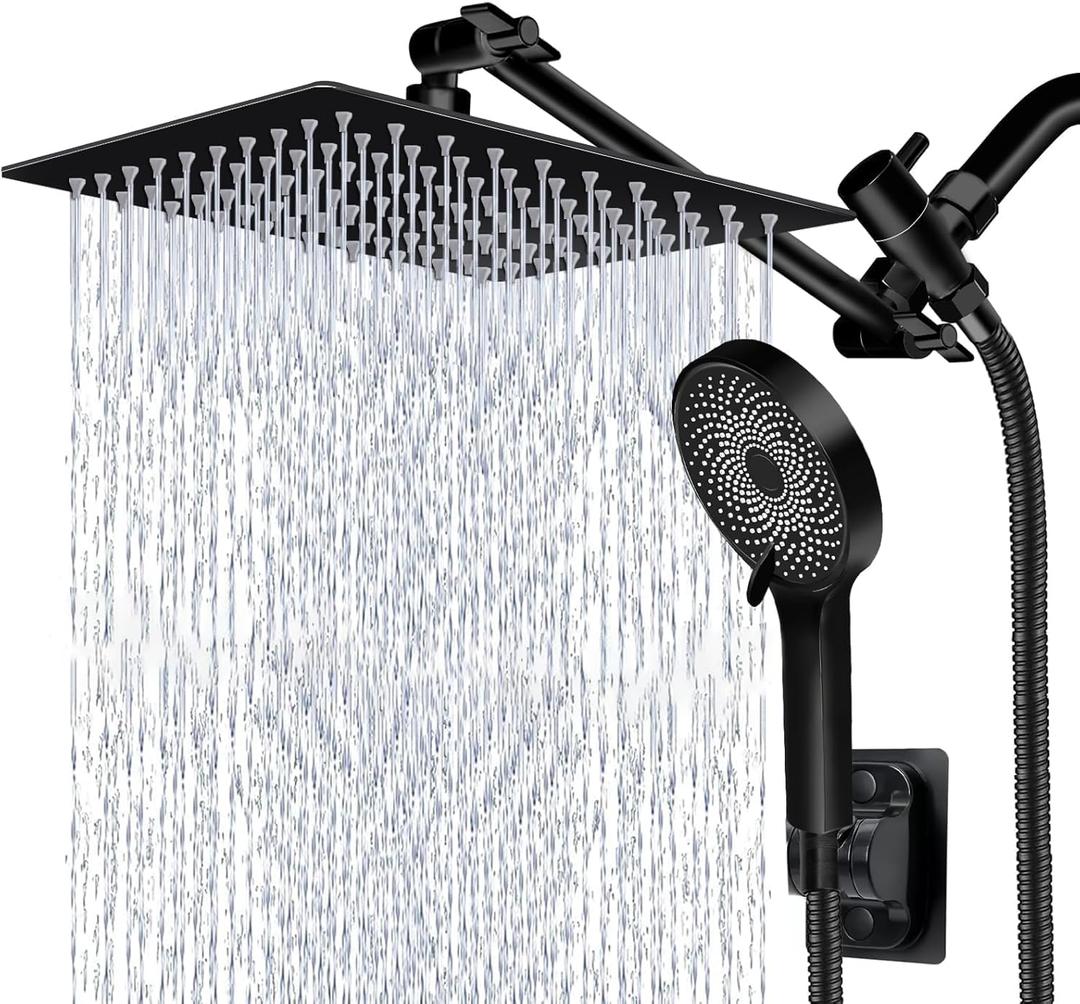 Shower Head,10 Inch High Pressure Rain Shower Head with Handheld Spray Combo, Adjustable Dual Rainfall Shower Head - Showerhead Comb Set with Extension Arm - 60 Inch Long Shower HoseBlack