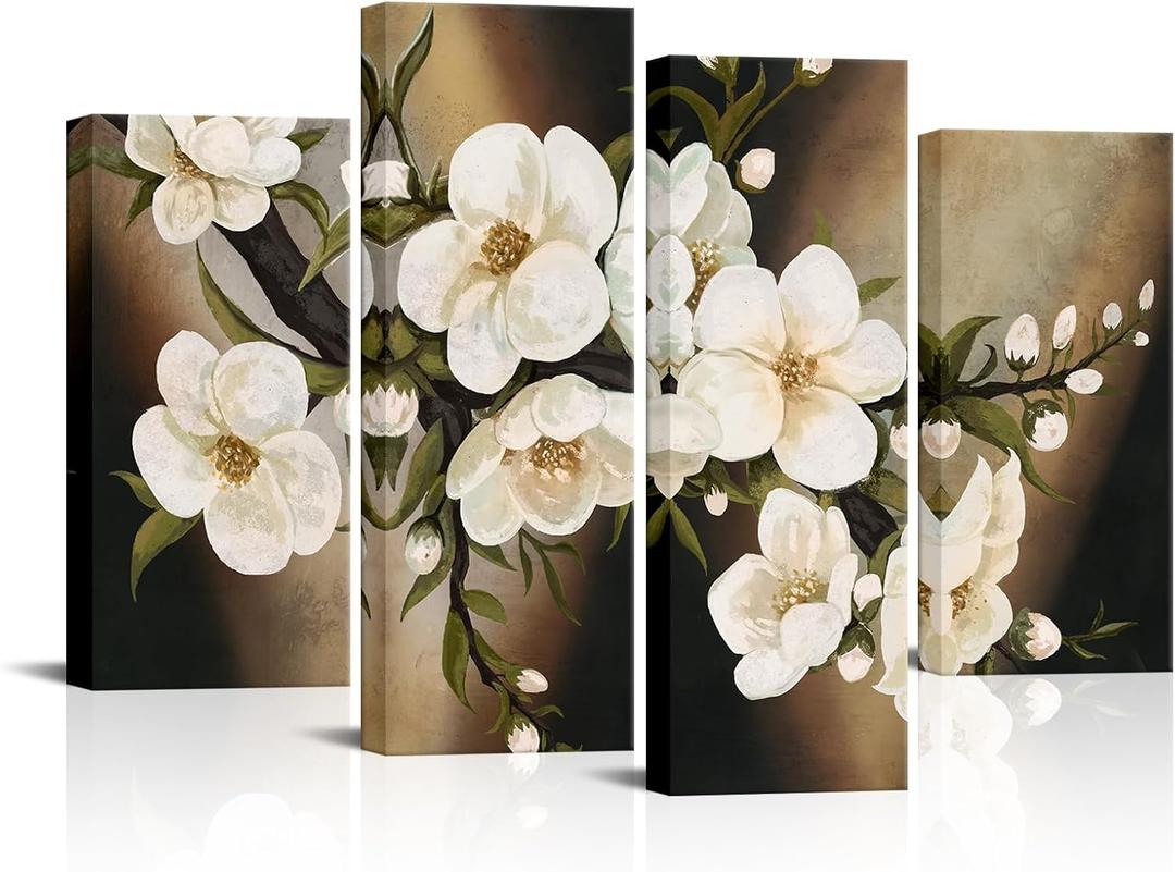 iHAPPYWALL 4 Panel Vintage Flower Canvas Wall Art Plum Blossom Tree Floral Painting Artwork for Rustic Farmhouse Kitchen Living Room Decor Stretched and Framed Ready to Hang 12''x24''x 2pcs + 12''x32''x 2pcs