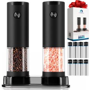 Electric Salt and Pepper Grinder Set, Includes 8 AAA Batteries, Upgraded Large 100ML Capacity, Automatic Battery Powered Pepper Mills with LED Light, Adjustable Coarseness, One Hand Operation (2 pack)