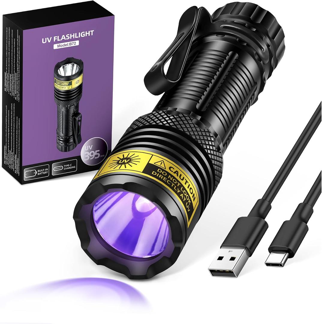 UV Flashlight Black Light, USB-C Rechargeable 395nm Blacklight Mini, Portable Handheld Powerful LED Ultraviolet Lights Flashlights, for Resin Curing, Uranium Glass, Pet Dog Urine Detection