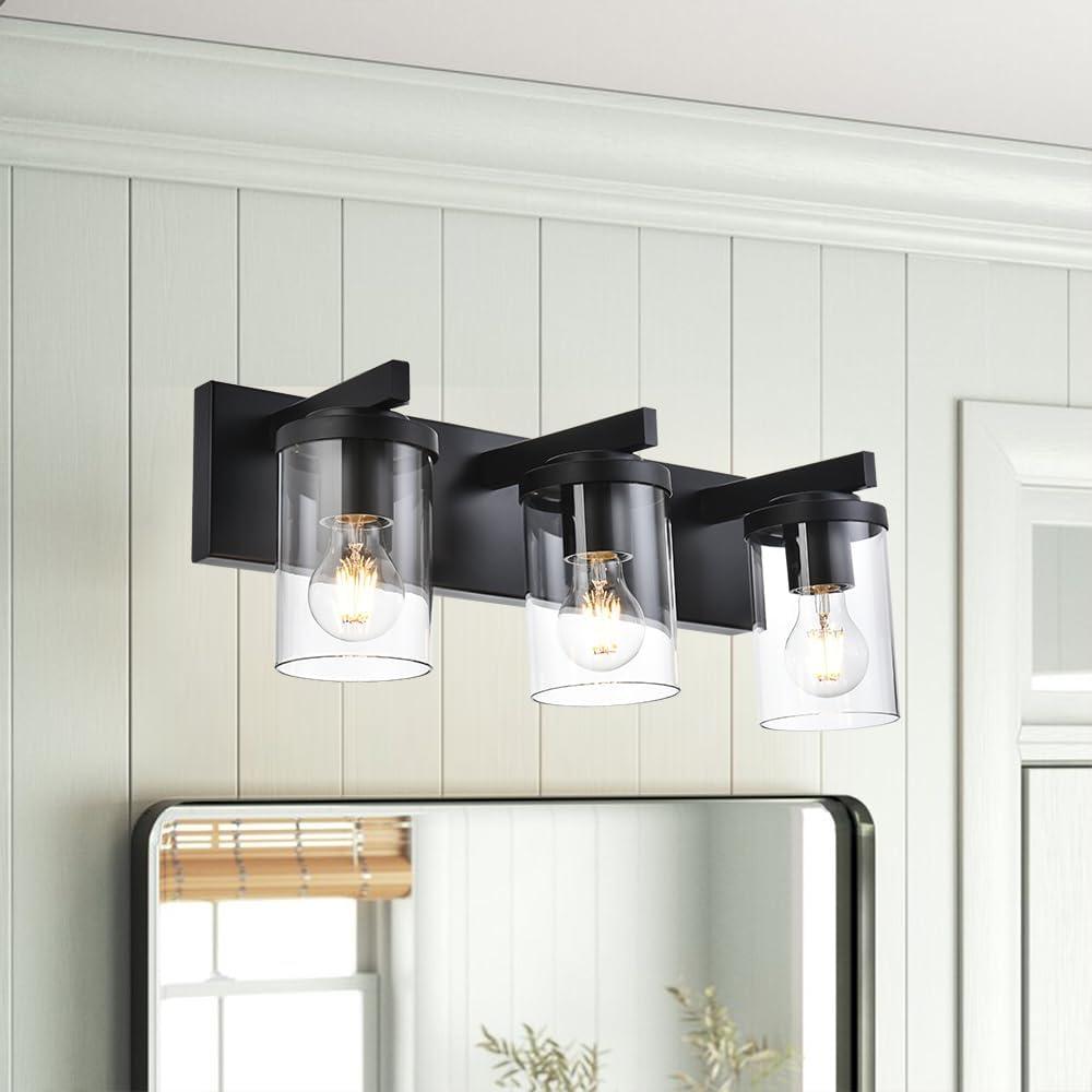 BONLICHT Modern 3-Light Vanity Light Fixture Black Bathroom Wall Light Over Mirror with Clear Glass Shade, Rustic Vintage Wall Sconce Lighting Farmhouse Wall Mounted Lamp for Powder Room Hallway