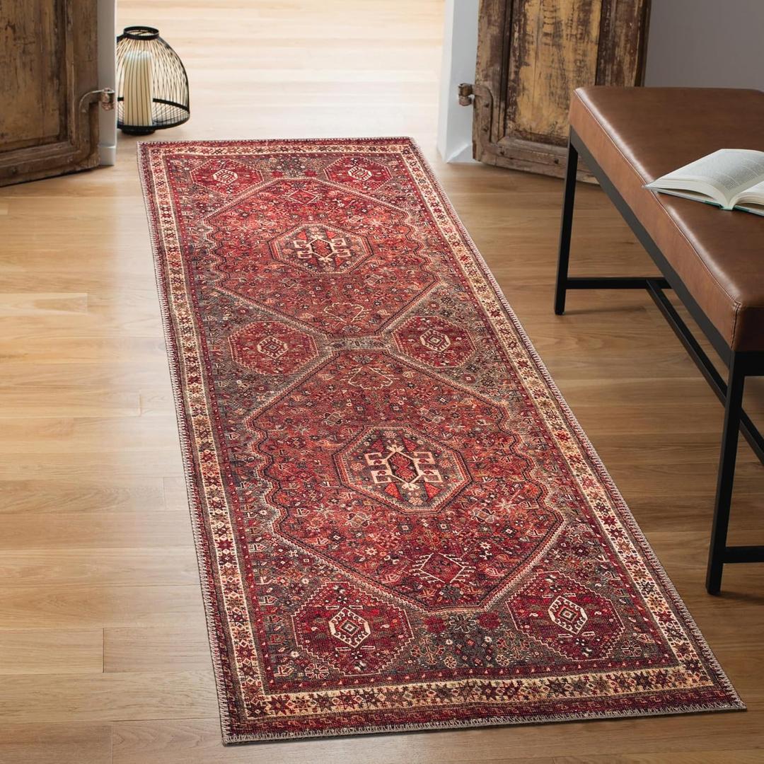 Keen Home Design 30"x84" Rug - Machine Washable Runner Rug with Non-Slip Backing, Ideal for Hallway, Entryway, Kitchen, Laundry Room - Vintage, Easy Clean, Durable, Low Pile Rug - (2'6" x 7') (Red/Brown)