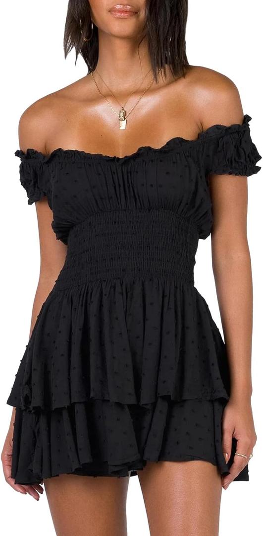 AOHITE Women's Summer Tube Top Dress Off-Shoulder Ruffled Flowy Mini Short Dresses, L