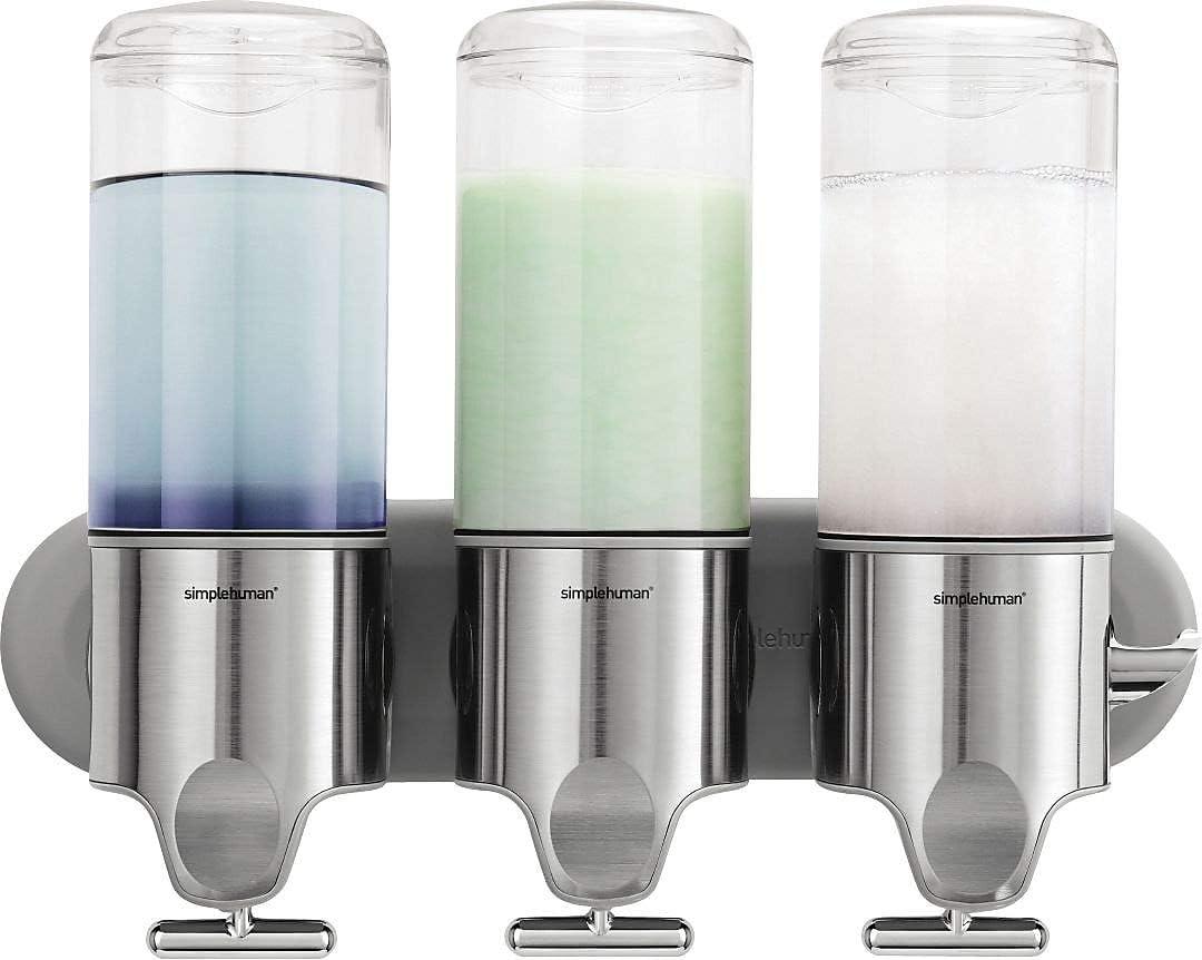 simplehuman Wall Mount Pumps, Triple 15 fl. oz. Shampoo & Soap Dispenser, Stainless Steel