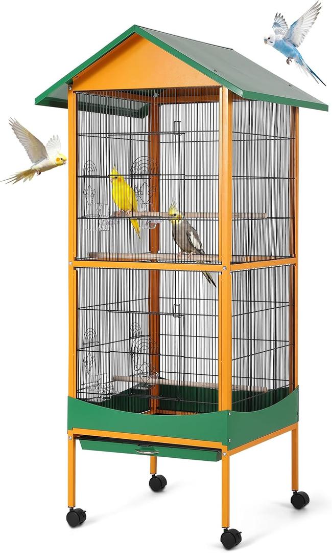 Garvee Bird Cage, 66''H Extra Large Bird Cage, w/ Removeble Tray, Waterproof Roof, Easy to Clean, Lockable Caster, Indoor& Outdoor Application for Conure, Macaw, Budgie, Cockatiel, Lovebirds, Parakeet