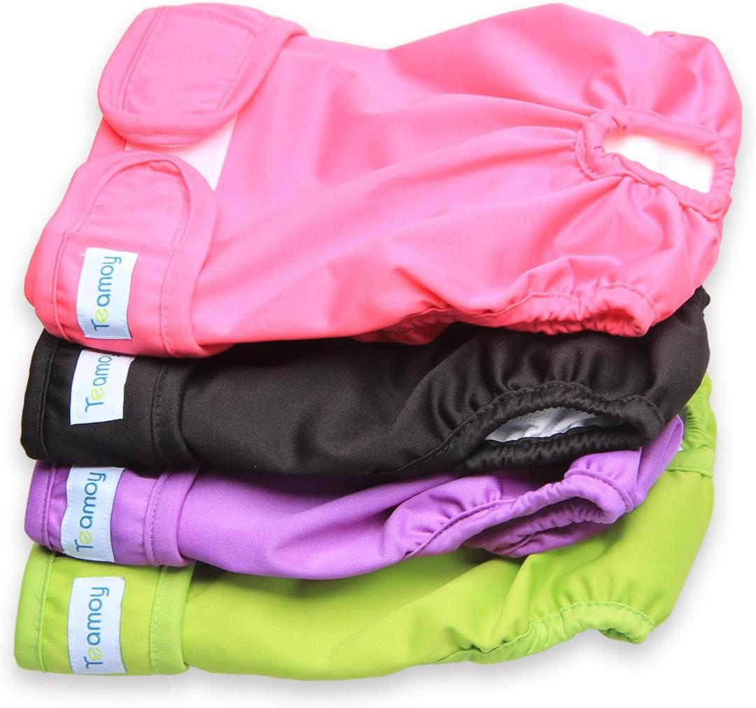 Teamoy 4pcs Washable Female Dog Diapers, Reusable Doggie Diaper Wraps for Female Dogs, Super-Absorbent and Comfortable, Medium (Black+ Purple+ Green+ Rose Red (4pcs))