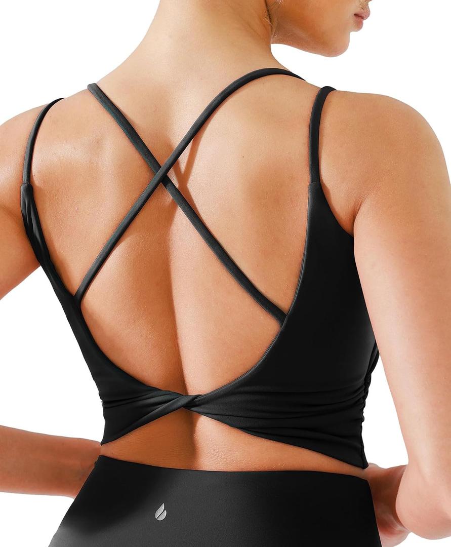 BRXL Womens Twist Back Sports Bra Longline Buttery Soft Low Impact Yoga Bra Removable Pads Scoop Neck Crop Top (Black, M)