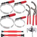 Oil Filter Wrench Set 9 Pcs, Oil Filter Pliers 9" & 12", Adjustable Swivel Oil Filter Band Wrenches 2-3/4" to 5-1/4", Universal 3-Jaw Oil Filter Removal Tool with 3/8" to 1/2" Adapter for Auto Repair