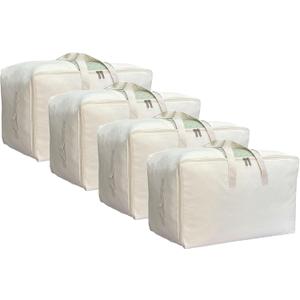 DoYiKe Soft Large Canvas Storage Bags with Zipper and Clear Window, Cotton Linen Storage Organizer for Pillows, Quilt, Blankets and Comforter, 80L, 4 Pack, Beige