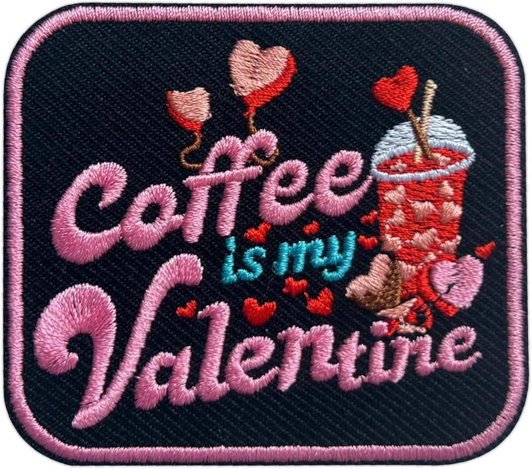 Coffee is My Valentine Patch, Size 3 Inches Iron On Valentine's Day Embroidery Patches for Hats Clothes Backpacks Jeans, DIY Sew On Patches, Fabric Patches, Pink Iced Coffee Gift for Boy Girl