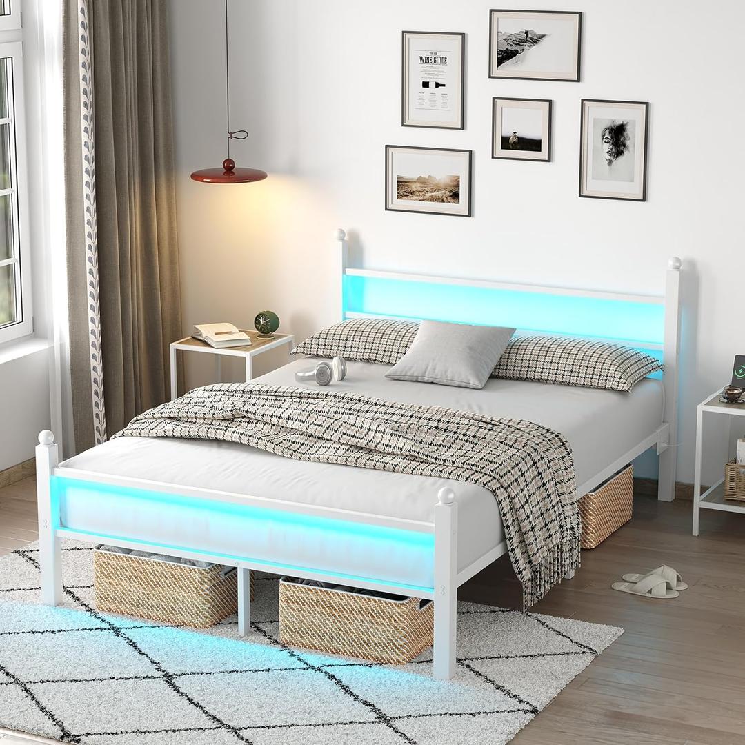 Full Bed Frame with Headboard and Footboard, Metal Bed Frame with Charging Station and LED Lights, Under Bed Storage, No Box Spring Needed, Noise Free, White