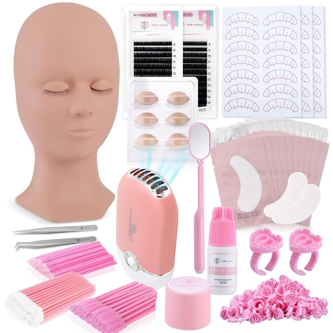 Pretty memory 152 PCS Eyelash Extension Kit with Lash Mannequin Head, Lash Training Kit for Beginners with Fan, Eyelash Extension Glue and Remover Cream, Tweezers for Practice